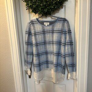 ELLE Blue, Black & White Plaid w/White Sheer Fabric at Bottom and Cuffs-Size Med